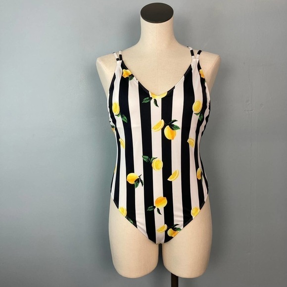 𝅺no Boundaries Lemons Black White Striped One Piece Swimsuit Juniors Large 11-13 - Picture 1 of 12